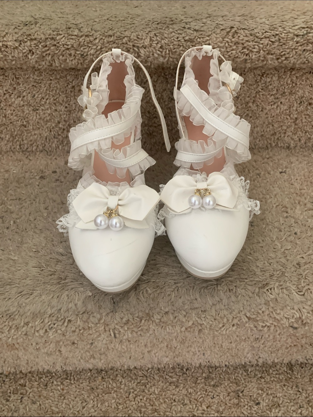 White Lace Bow Pearl Accent Women’s Dress Heels